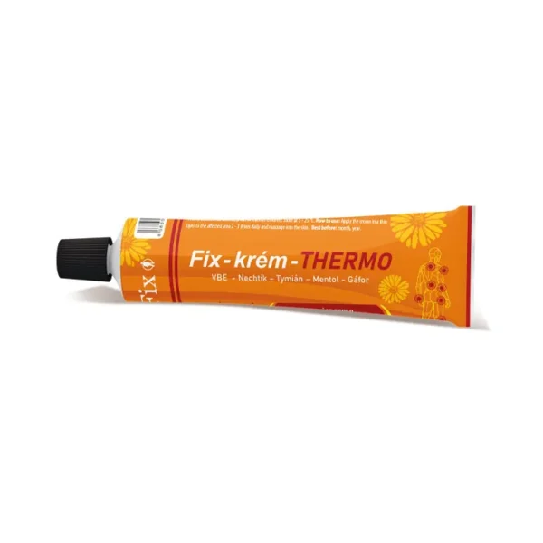Fix-krém-THERMO (84 g) je špičkový hřejivý masážní krém s kafrem, mentolem, látkou Vanillyl Butyl Ether a fytoterapeutickým komplexem z měsíčku a tymiánu. Díky inovativní třífázové formuli poskytuje okamžitou i dlouhotrvající úlevu od bolesti svalů, kloubů a páteře. Krém hloubkově prohřívá tkáně, podporuje prokrvení, eliminuje záněty a zkracuje dobu regenerace po sportu či fyzické zátěži.