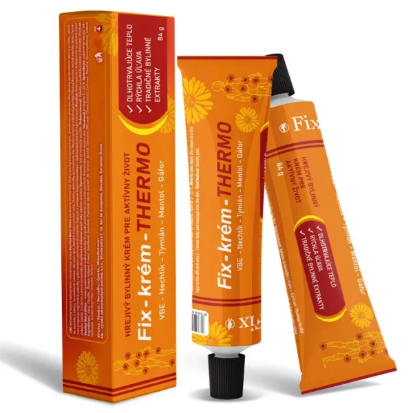 Fix-krém-THERMO (84 g) je špičkový hřejivý masážní krém s kafrem, mentolem, látkou Vanillyl Butyl Ether a fytoterapeutickým komplexem z měsíčku a tymiánu. Díky inovativní třífázové formuli poskytuje okamžitou i dlouhotrvající úlevu od bolesti svalů, kloubů a páteře. Krém hloubkově prohřívá tkáně, podporuje prokrvení, eliminuje záněty a zkracuje dobu regenerace po sportu či fyzické zátěži.