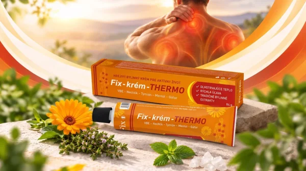 Fix-krém-THERMO (84 g) je špičkový hřejivý masážní krém s kafrem, mentolem, látkou Vanillyl Butyl Ether a fytoterapeutickým komplexem z měsíčku a tymiánu. Díky inovativní třífázové formuli poskytuje okamžitou i dlouhotrvající úlevu od bolesti svalů, kloubů a páteře. Krém hloubkově prohřívá tkáně, podporuje prokrvení, eliminuje záněty a zkracuje dobu regenerace po sportu či fyzické zátěži.